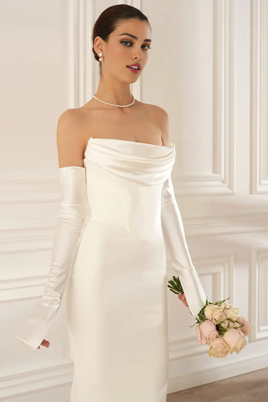 Long Sleeve Strapless Draped Maxi Dress White