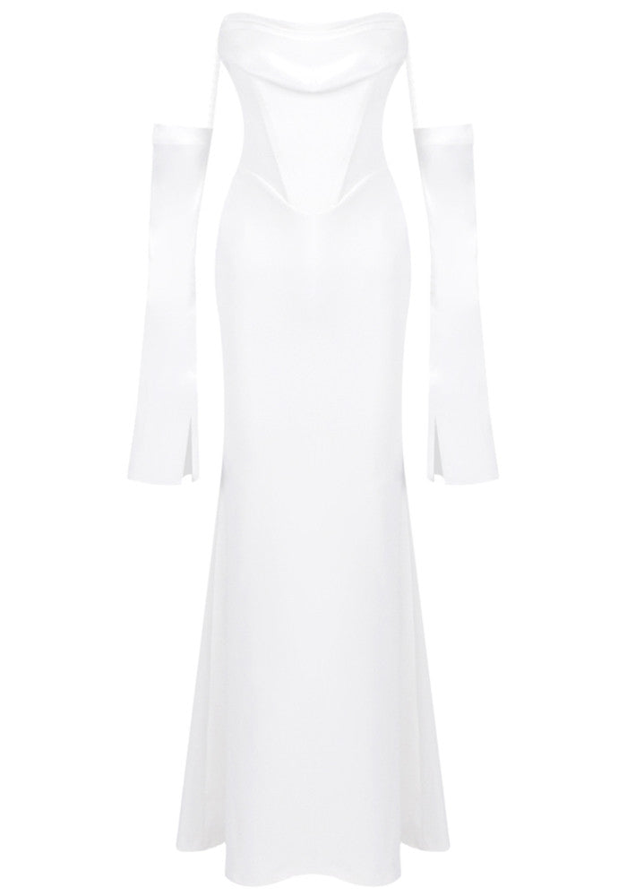 Long Sleeve Strapless Draped Maxi Dress White