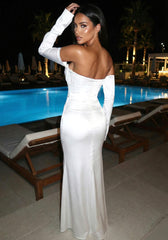 Long Sleeve Strapless Draped Maxi Dress White