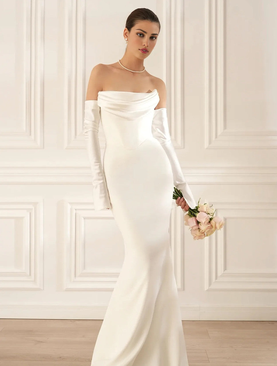 Long Sleeve Strapless Draped Maxi Dress White