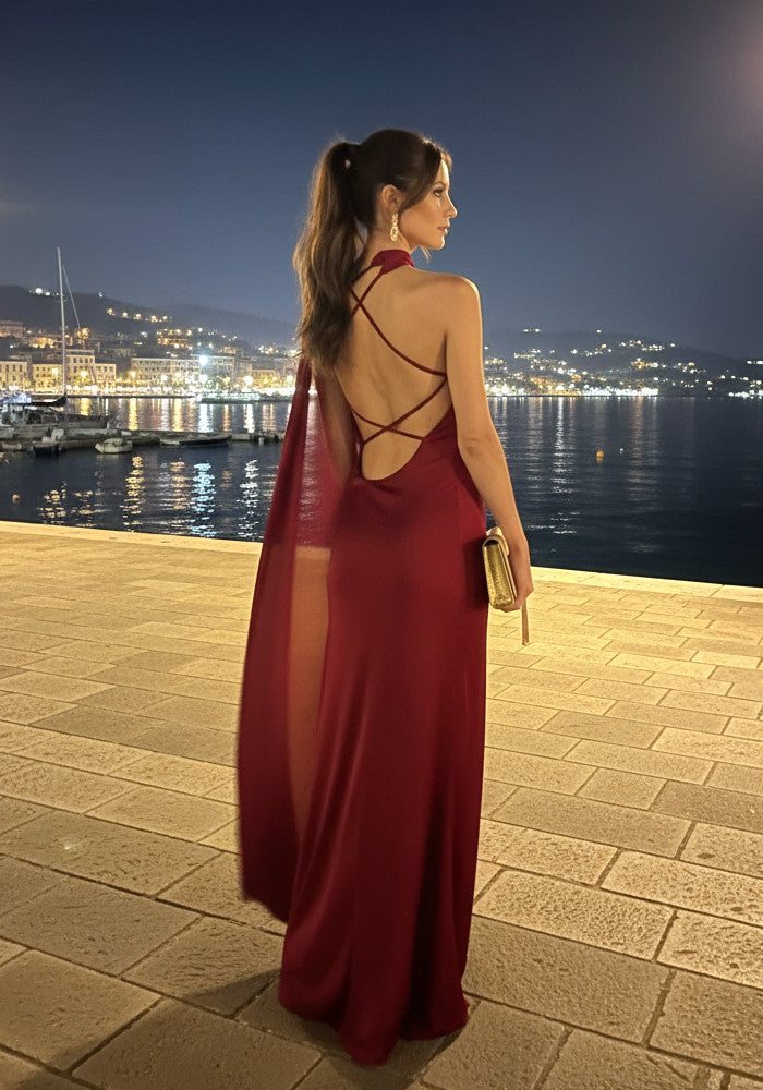 Strappy Back Cape Maxi Dress Red