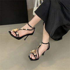 Street Style Design Fretwork Flower Open Toe Buckle Strap Stripper Thin Heels Sandals