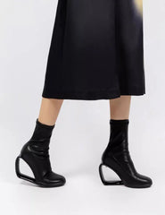Stretch Solid wedges hollow out high heel round toe Ankle shoes