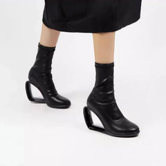 Stretch Solid wedges hollow out high heel round toe Ankle shoes