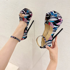 Strip Pole Design Hand-Painted Leather Platform Sling-back Peep Toe High Heels