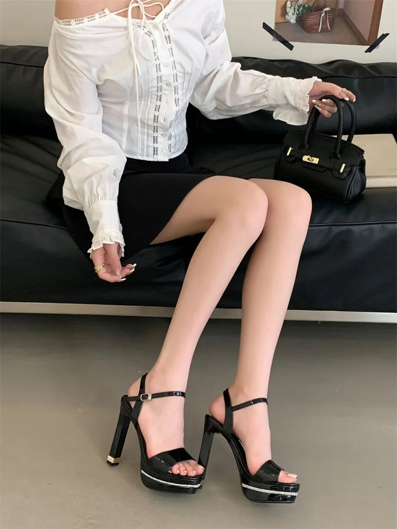 Stripper Rhinestone Platform Patent Leather Stiletto Open Toe High Heels Sandals