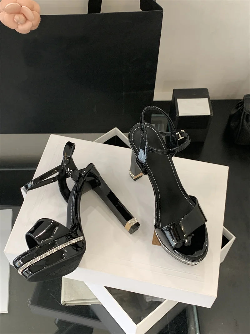 Stripper Rhinestone Platform Patent Leather Stiletto Open Toe High Heels Sandals
