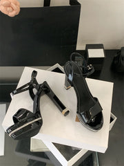 Stripper Rhinestone Platform Patent Leather Stiletto Open Toe High Heels Sandals
