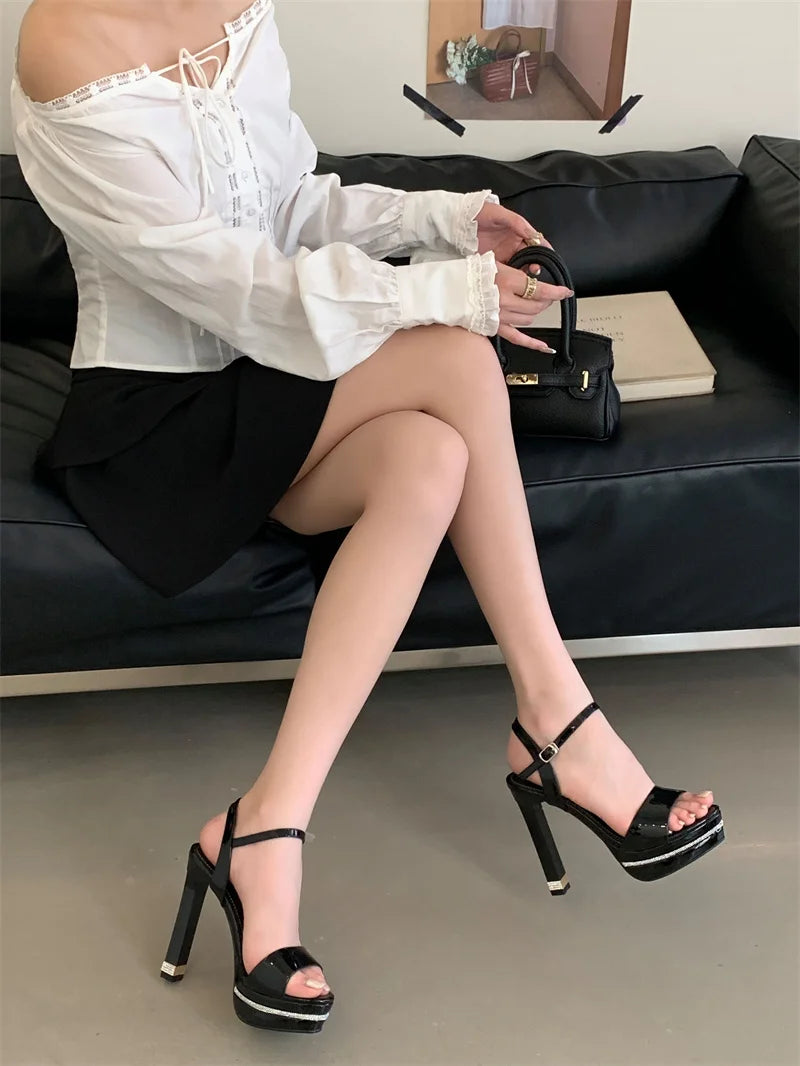 Stripper Rhinestone Platform Patent Leather Stiletto Open Toe High Heels Sandals