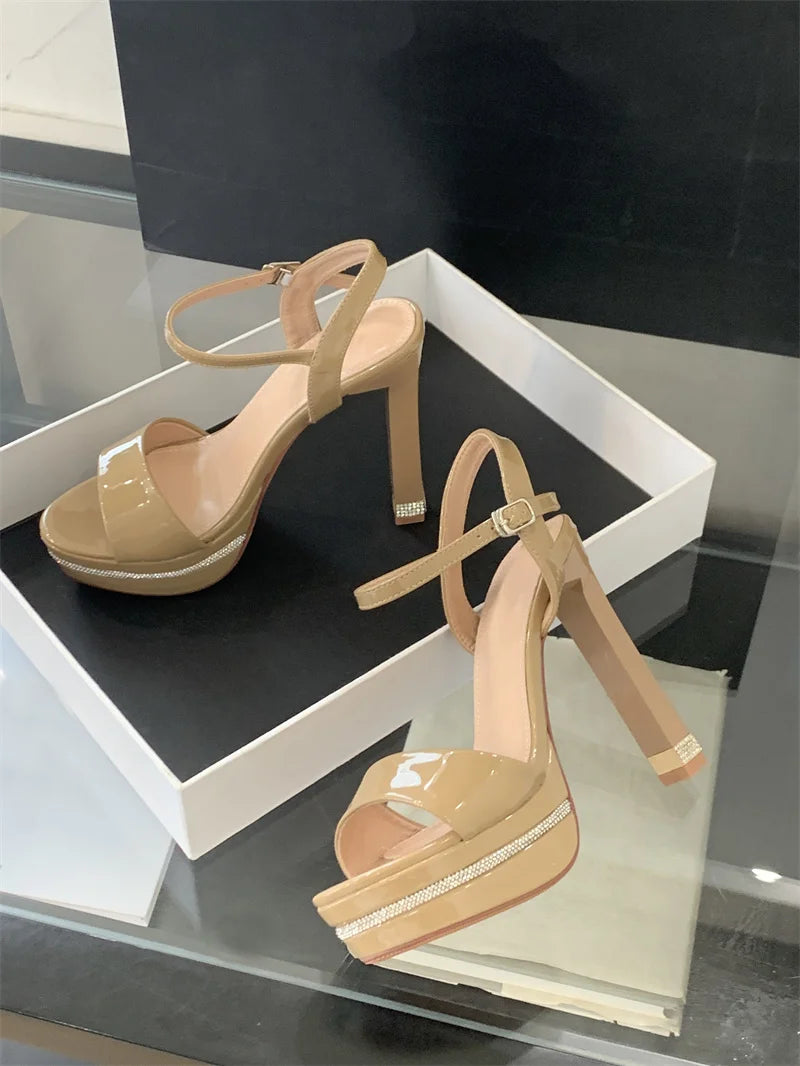Stripper Rhinestone Platform Patent Leather Stiletto Open Toe High Heels Sandals