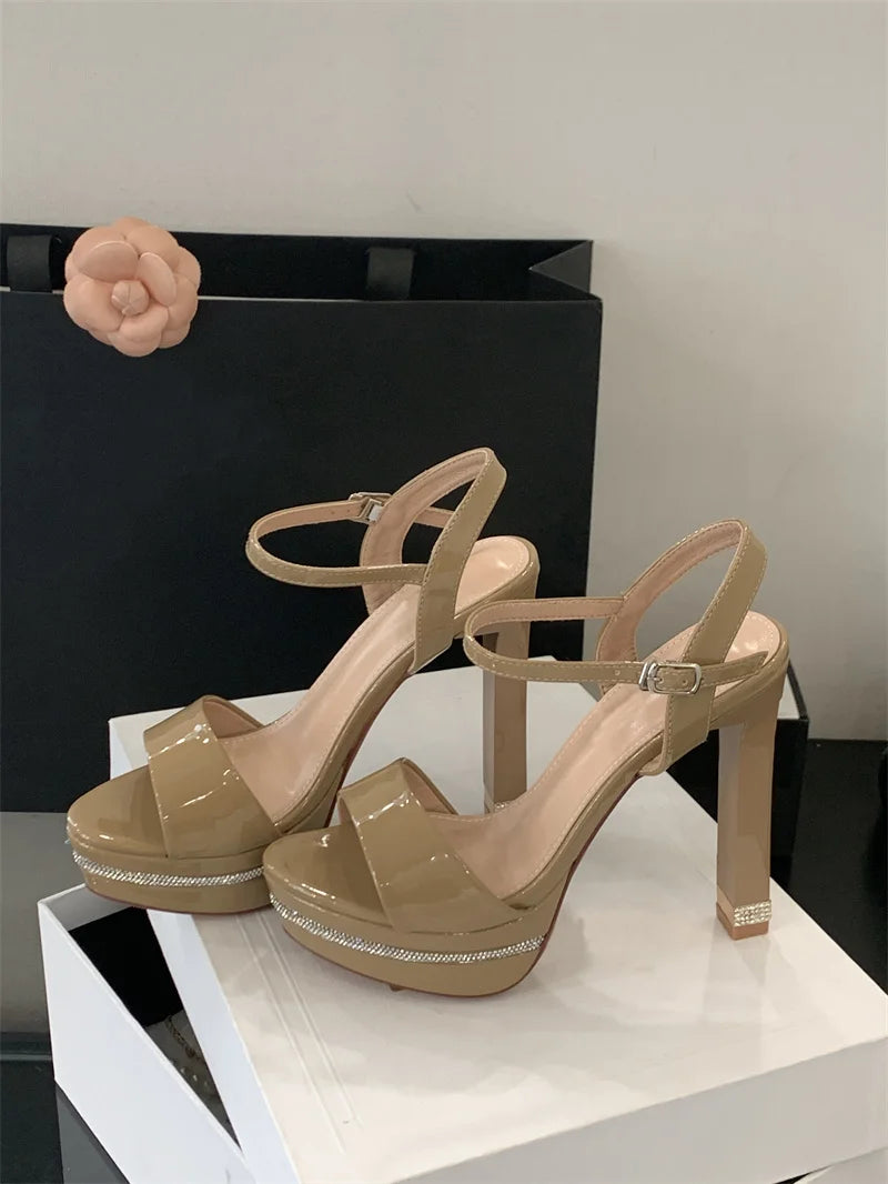 Stripper Rhinestone Platform Patent Leather Stiletto Open Toe High Heels Sandals