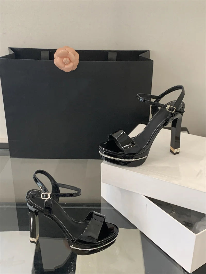 Stripper Rhinestone Platform Patent Leather Stiletto Open Toe High Heels Sandals