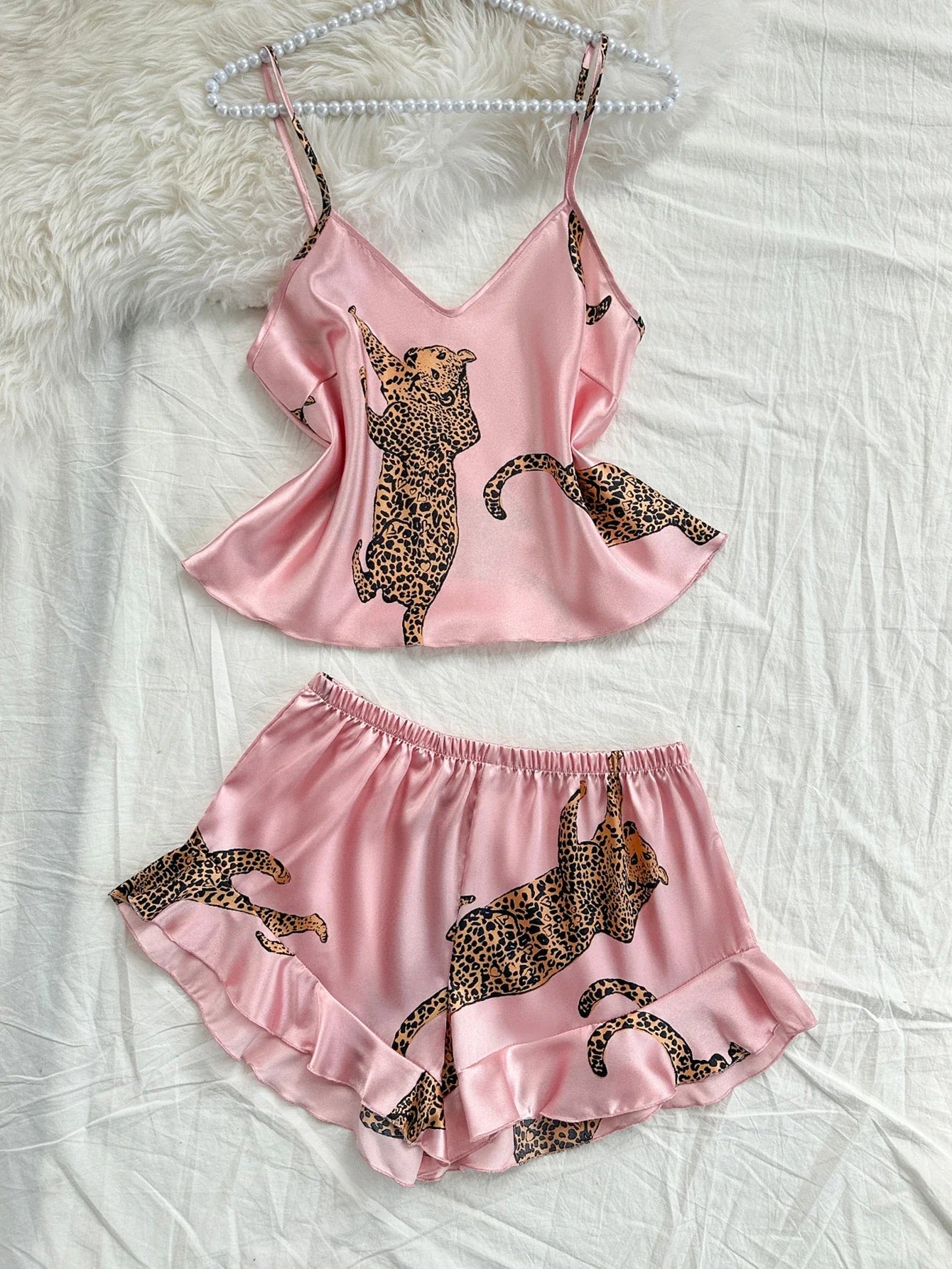 Summer 2-pieces Pink Leopard Printed Pajamas Set