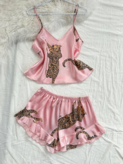 Summer 2-pieces Pink Leopard Printed Pajamas Set