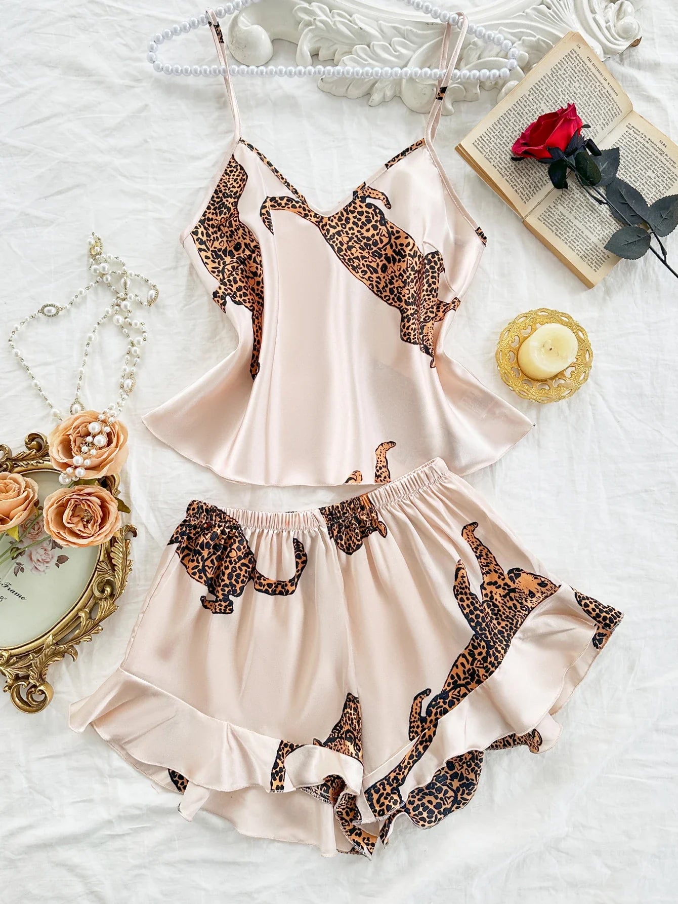 Summer 2-pieces Pink Leopard Printed Pajamas Set
