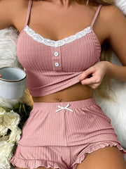 Summer 2pcs Pajama Sets Underwear Lace Trim Camisole Tops with Shorts Set Sleepwear Loungerwear
