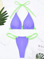 Summer Bathing Suits Color Block Triangle Thong Bikini Set