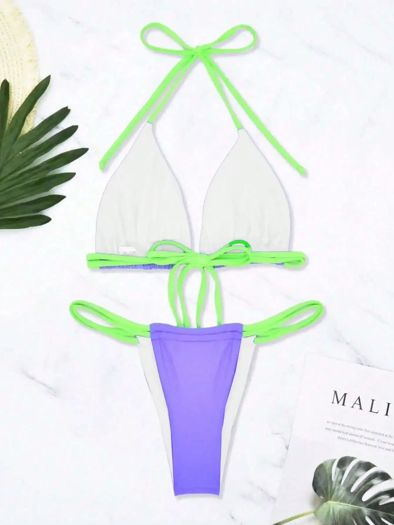 Summer Bathing Suits Color Block Triangle Thong Bikini Set