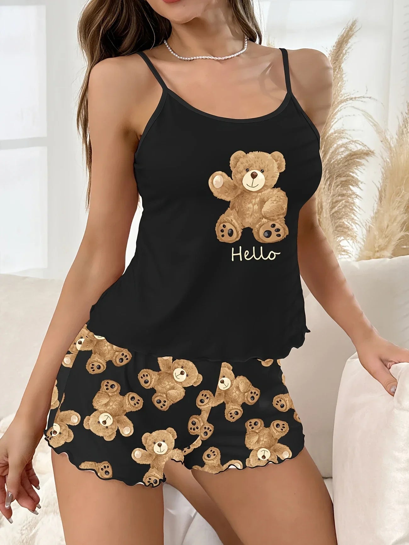 Summer Black Cute Bear Printed Pajamas Set
