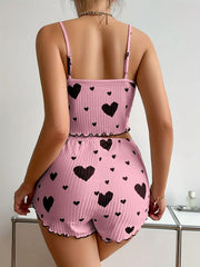 Summer Casual Sleepwear Heart Printed Pajama Set