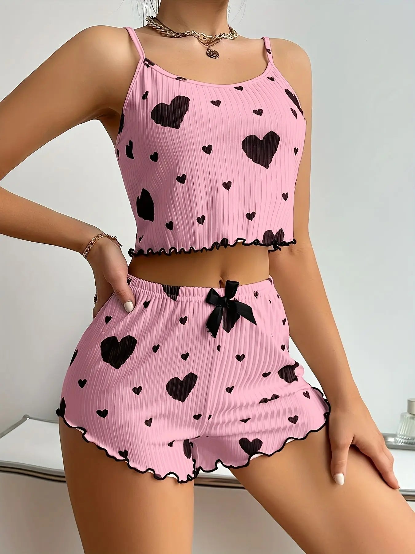 Summer Casual Sleepwear Heart Printed Pajama Set