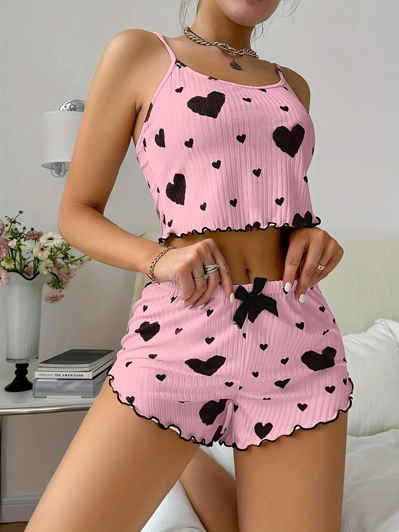 Summer Casual Sleepwear Heart Printed Pajama Set
