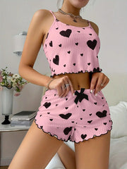 Summer Casual Sleepwear Heart Printed Pajama Set