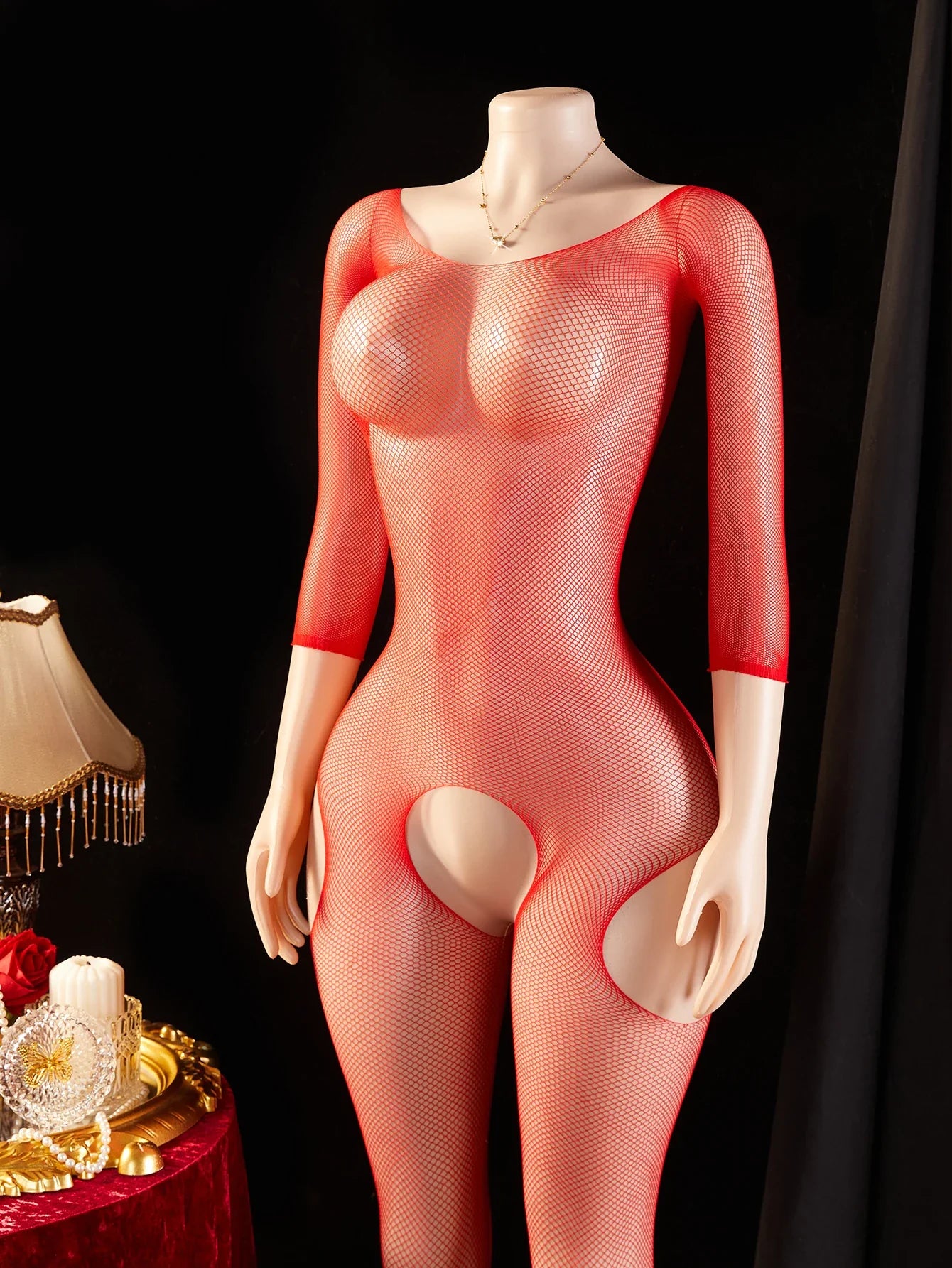 Summer Crotchless Bodystocking Red See Through Erotic Costumes Sexiest Lingerie Long Sleeve Mesh Hollow Fetish Underwear