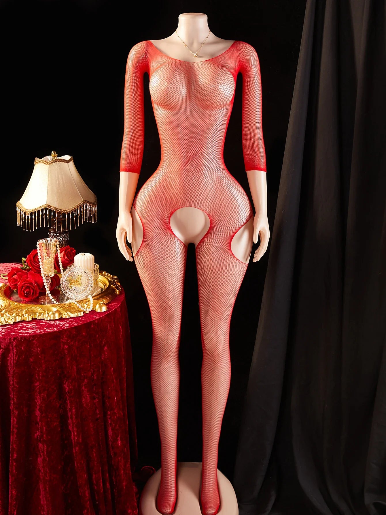 Summer Crotchless Bodystocking Red See Through Erotic Costumes Sexiest Lingerie Long Sleeve Mesh Hollow Fetish Underwear