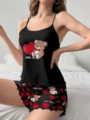 Summer Cute Bear+Heart Print 2pcs Pajamas Set Homewear Camisoles Tops and Shorts Underwear Lingerie Sleepwear