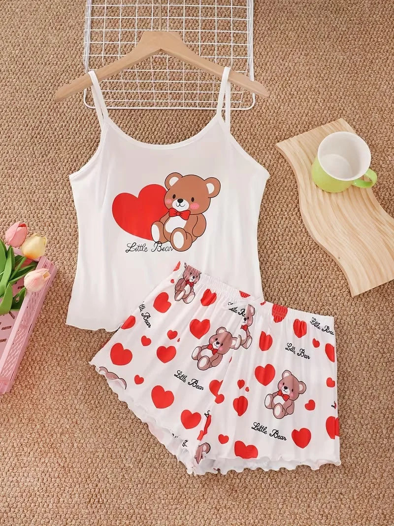 Summer Cute Bear+Heart Print 2pcs Pajamas Set Homewear Camisoles Tops and Shorts Underwear Lingerie Sleepwear