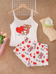 Summer Cute Bear+Heart Print 2pcs Pajamas Set Homewear Camisoles Tops and Shorts Underwear Lingerie Sleepwear