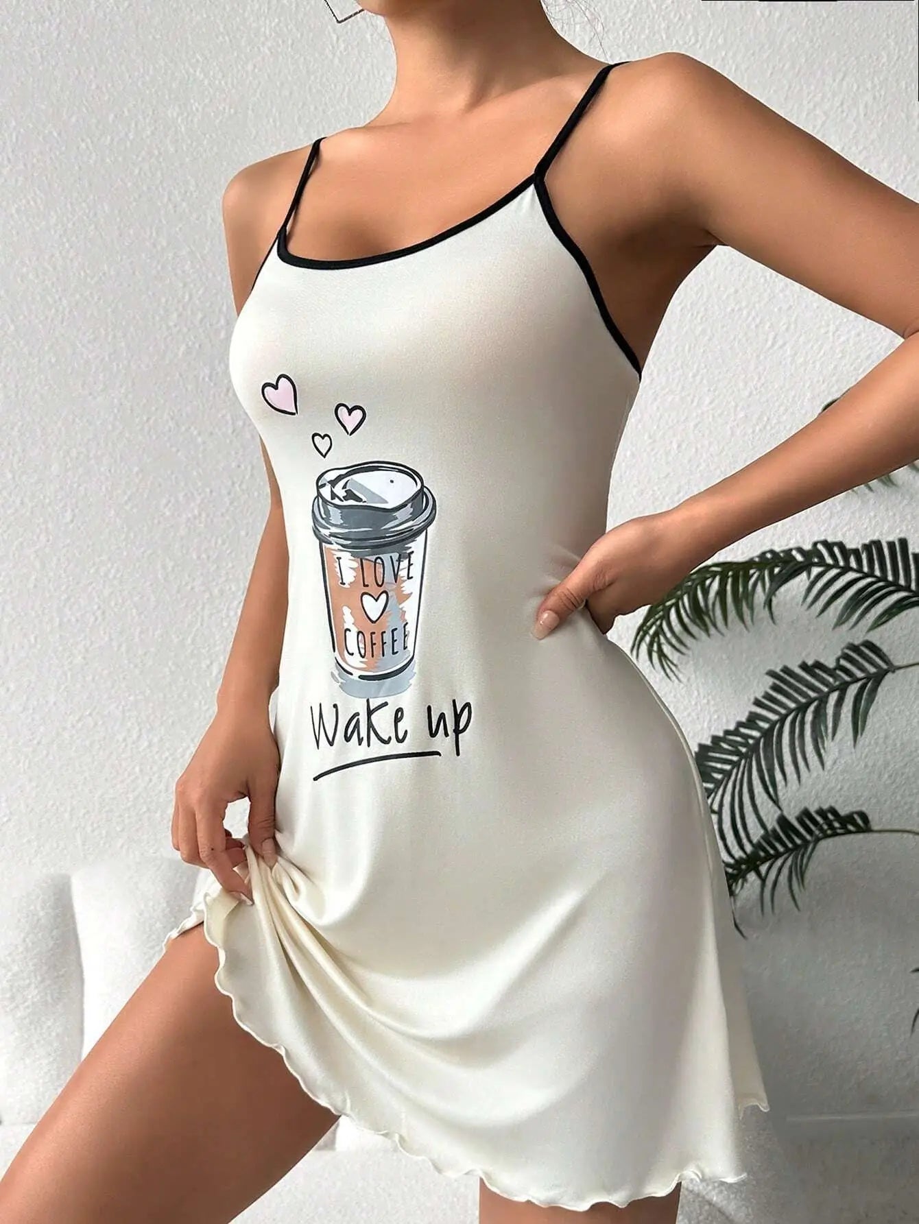 Summer Cute Letter Print Nightdress Nightgown Spaghetti Strap Mini Cami Lettuce Hem Contrast Trim Loungewear