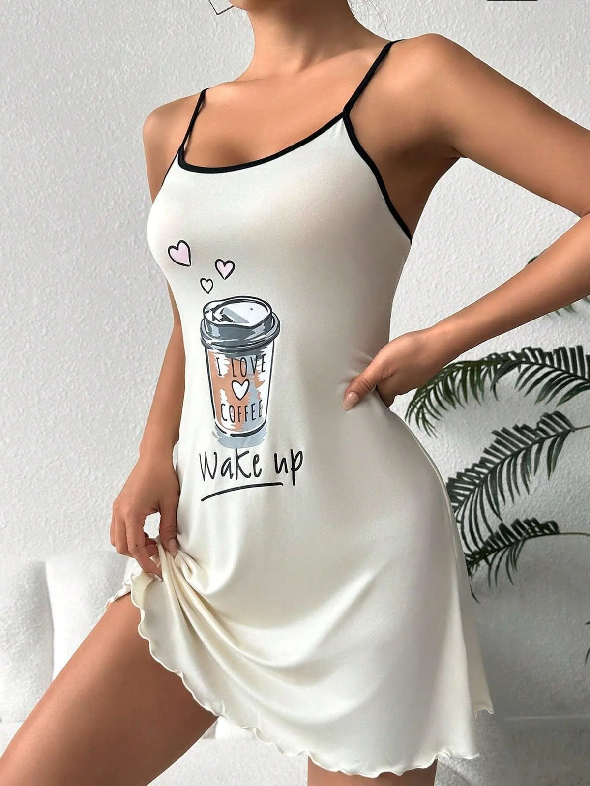 Summer Cute Letter Print Nightdress Nightgown Spaghetti Strap Mini Cami Lettuce Hem Contrast Trim Loungewear
