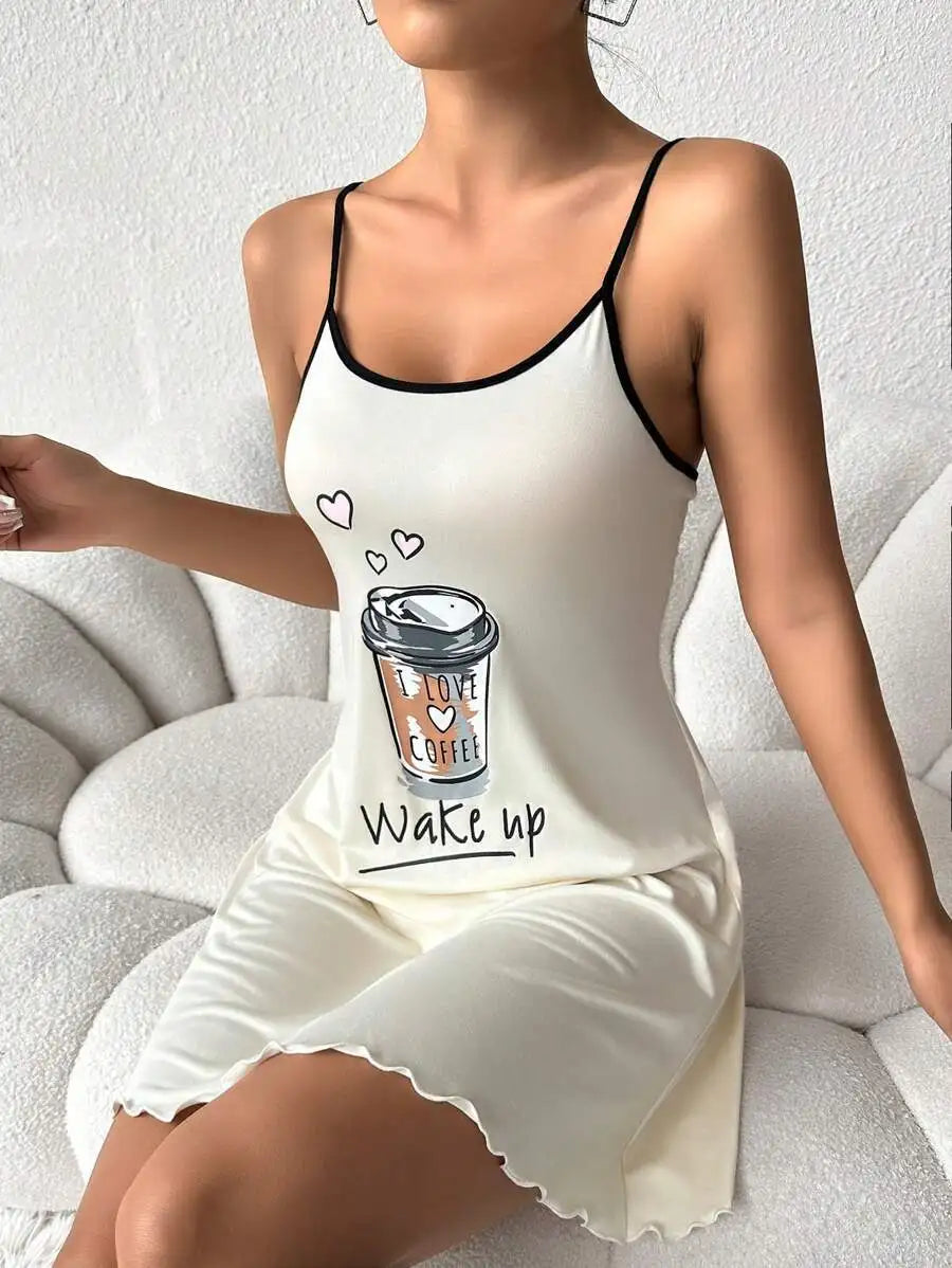 Summer Cute Letter Print Nightdress Nightgown Spaghetti Strap Mini Cami Lettuce Hem Contrast Trim Loungewear