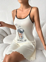 Summer Cute Letter Print Nightdress Nightgown Spaghetti Strap Mini Cami Lettuce Hem Contrast Trim Loungewear