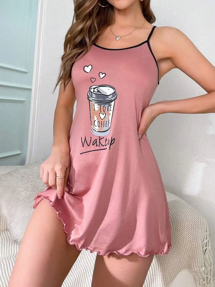 Summer Cute Letter Print Nightdress Nightgown Spaghetti Strap Mini Cami Lettuce Hem Contrast Trim Loungewear