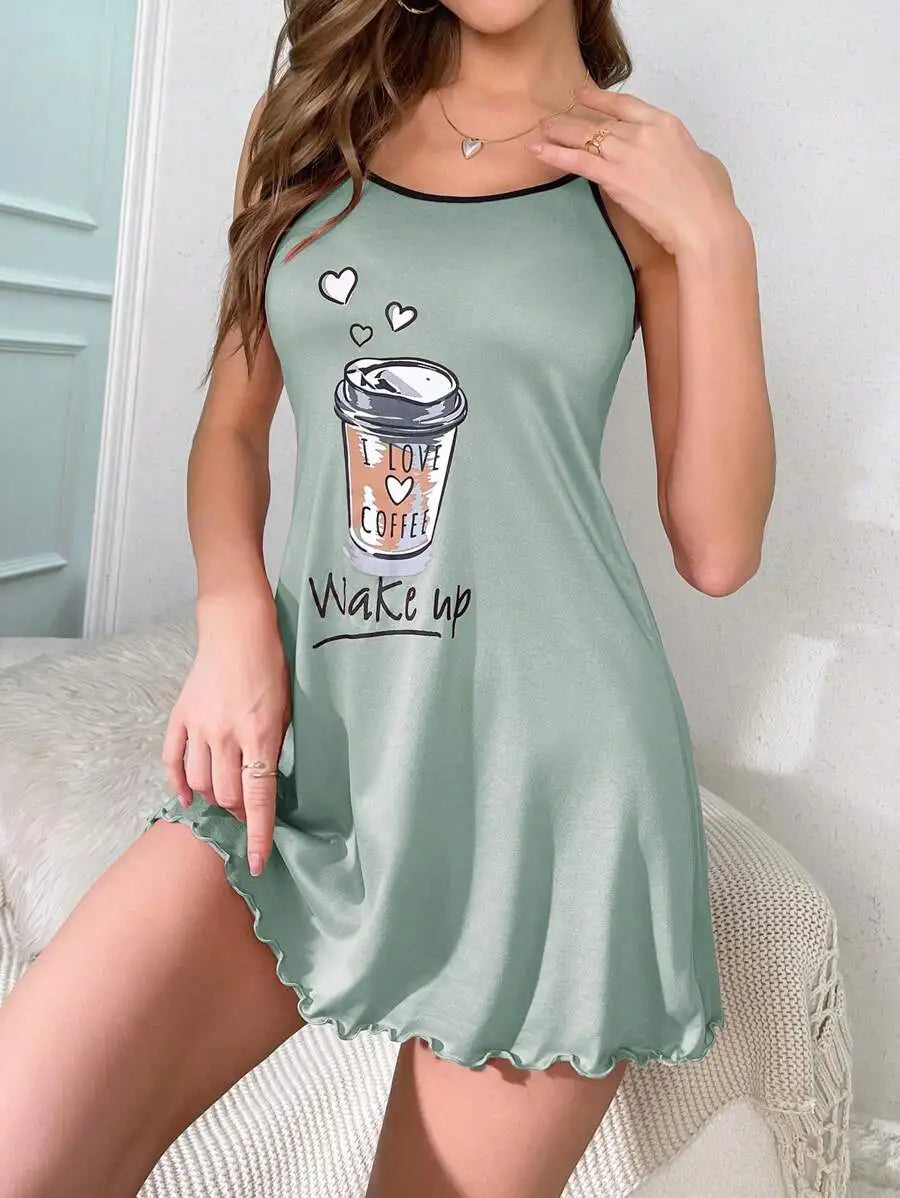Summer Cute Letter Print Nightdress Nightgown Spaghetti Strap Mini Cami Lettuce Hem Contrast Trim Loungewear