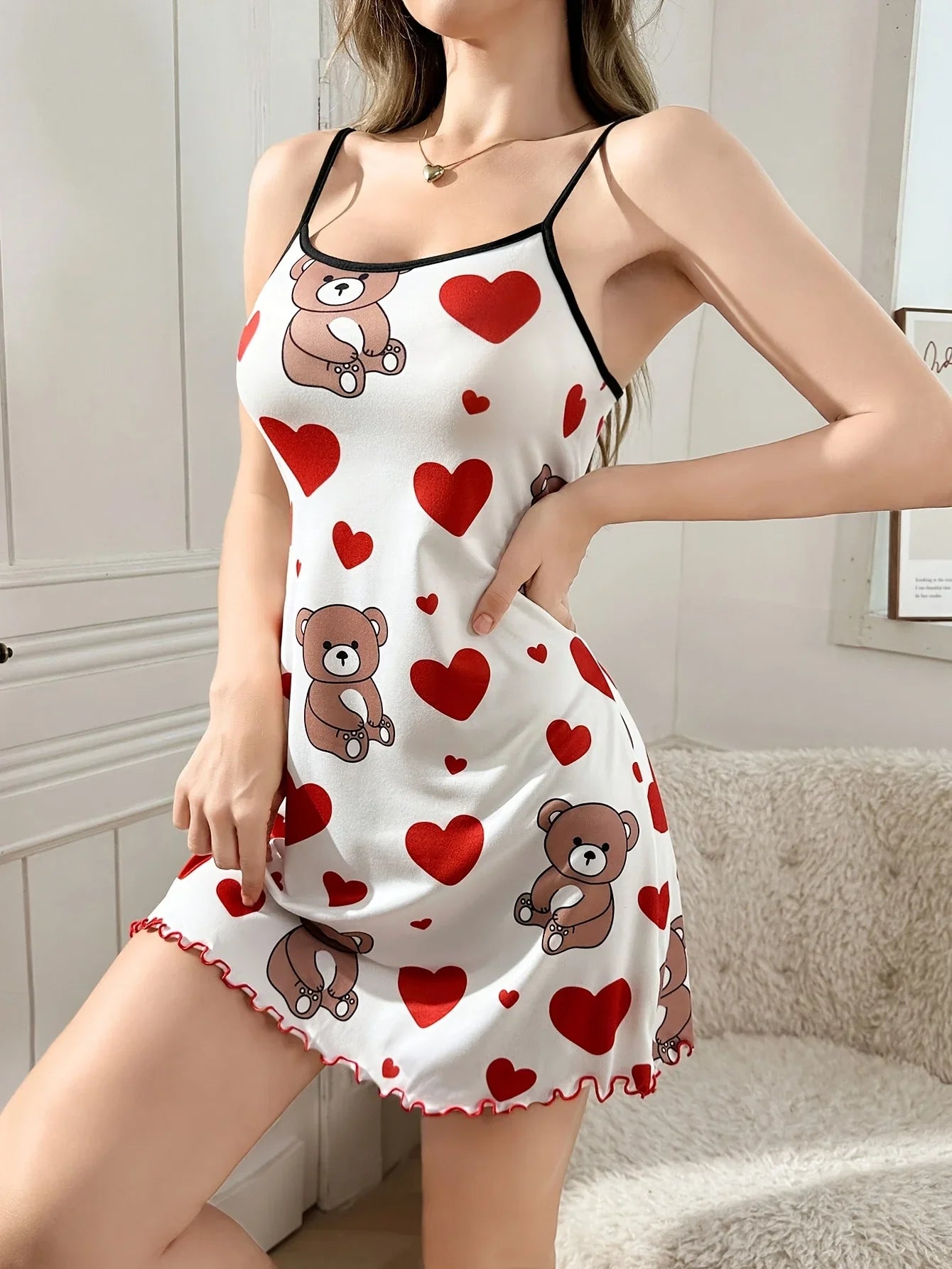 Summer Cute Teddy Bear & Hearts Printed Nightgowns Sleeveless Ruffled Hem Sleep Dress Loungewear Sleepwear