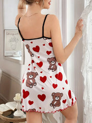 Summer Cute Teddy Bear & Hearts Printed Nightgowns Sleeveless Ruffled Hem Sleep Dress Loungewear Sleepwear