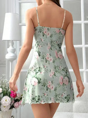 Summer Green Vintage Floral Print Nightdress Nighties Sleepwear Slip Sleep Dress Breathable Com