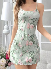 Summer Green Vintage Floral Print Nightdress Nighties Sleepwear Slip Sleep Dress Breathable Com