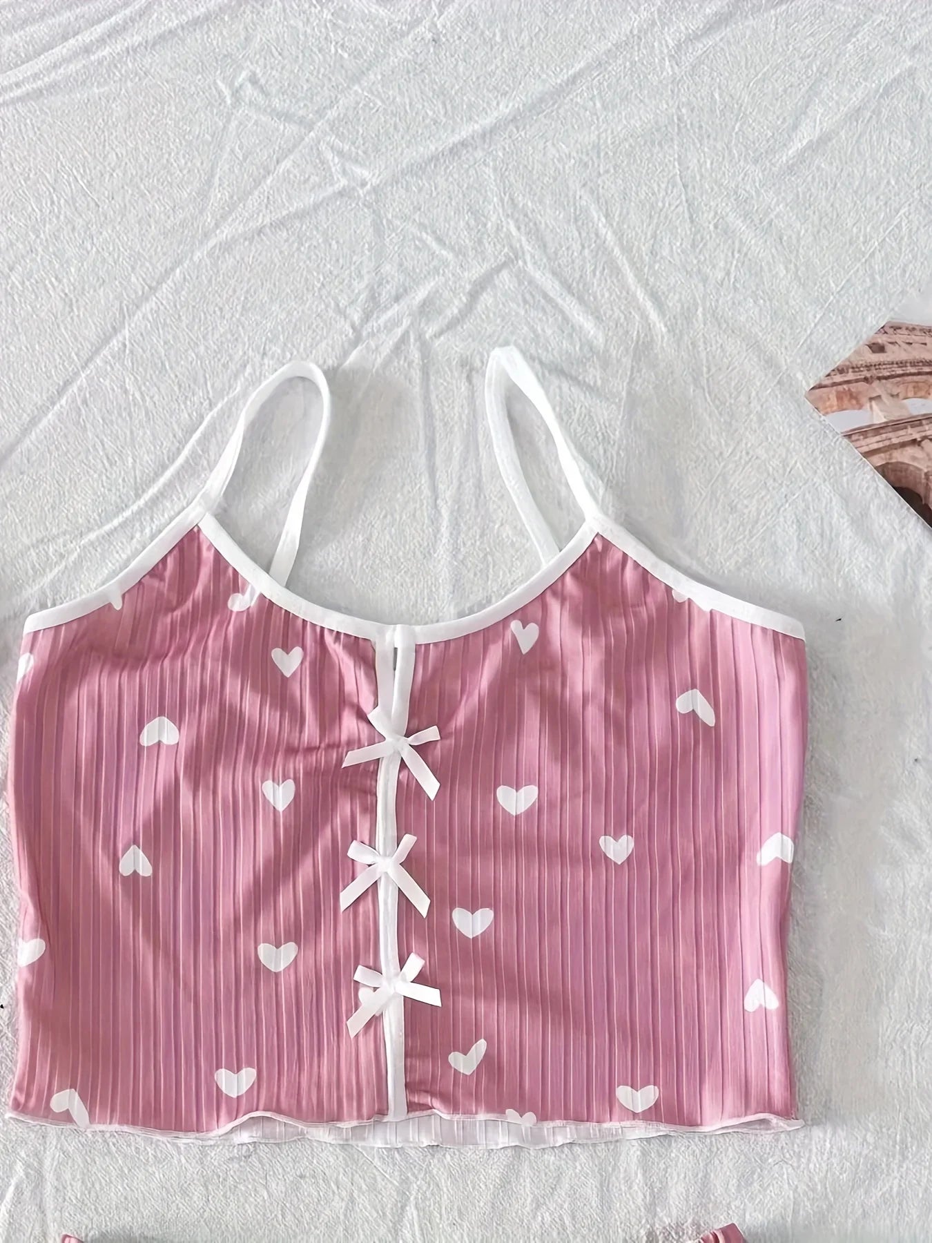 Summer Heart Print Ribbed Bow Decor Pajama Set