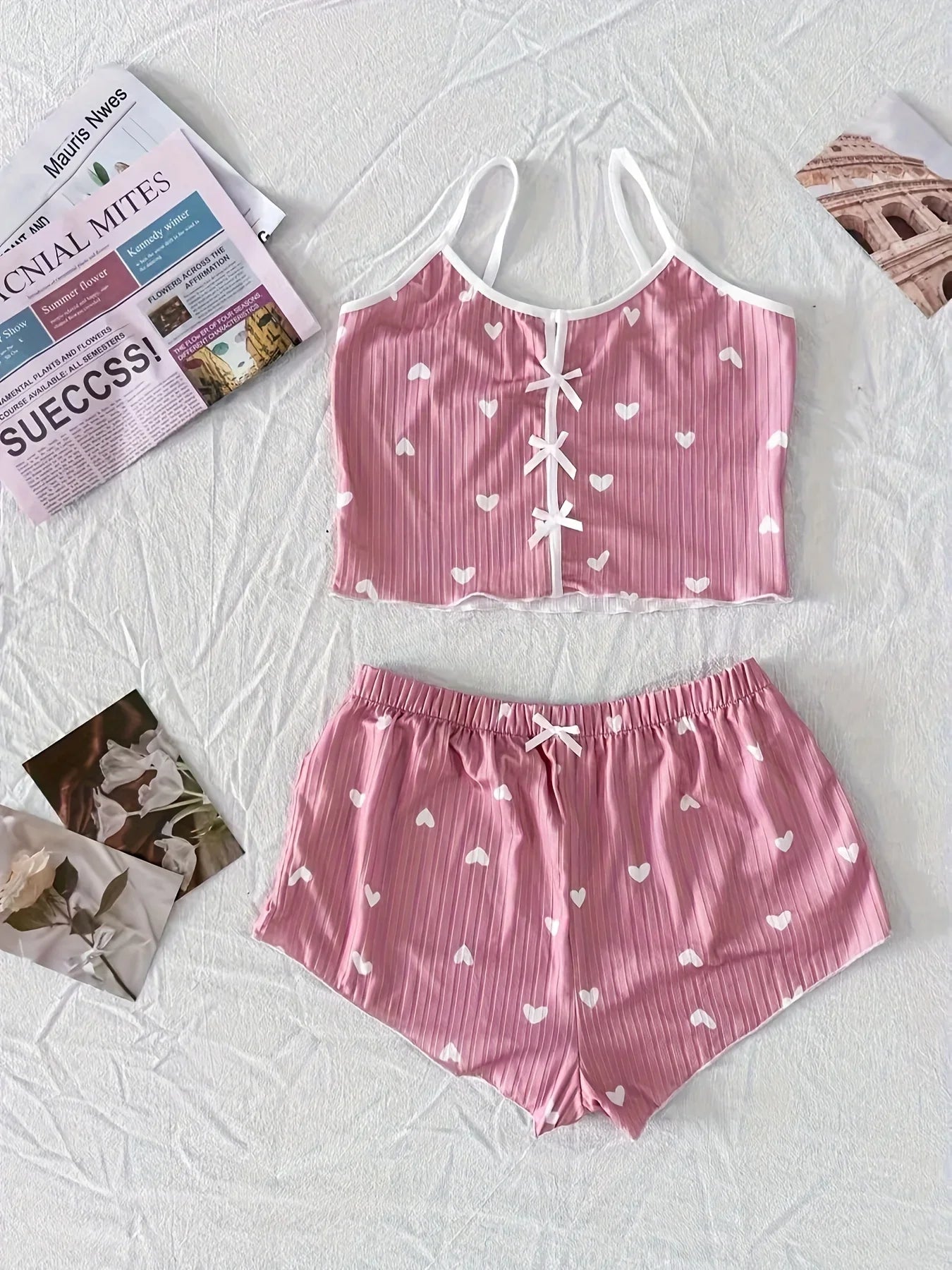 Summer Heart Print Ribbed Bow Decor Pajama Set