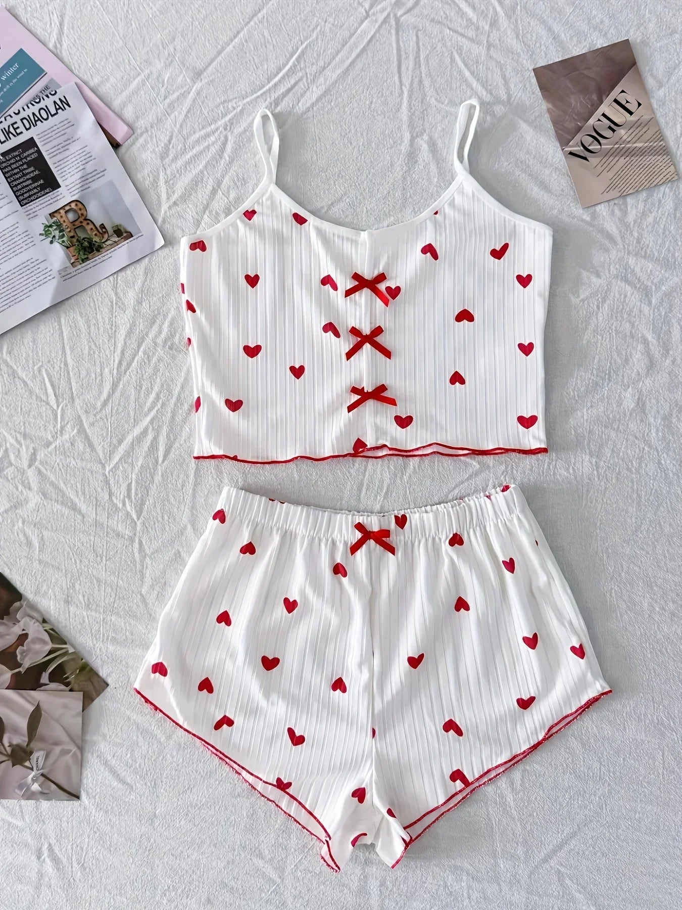 Summer Heart Print Ribbed Bow Decor Pajama Set