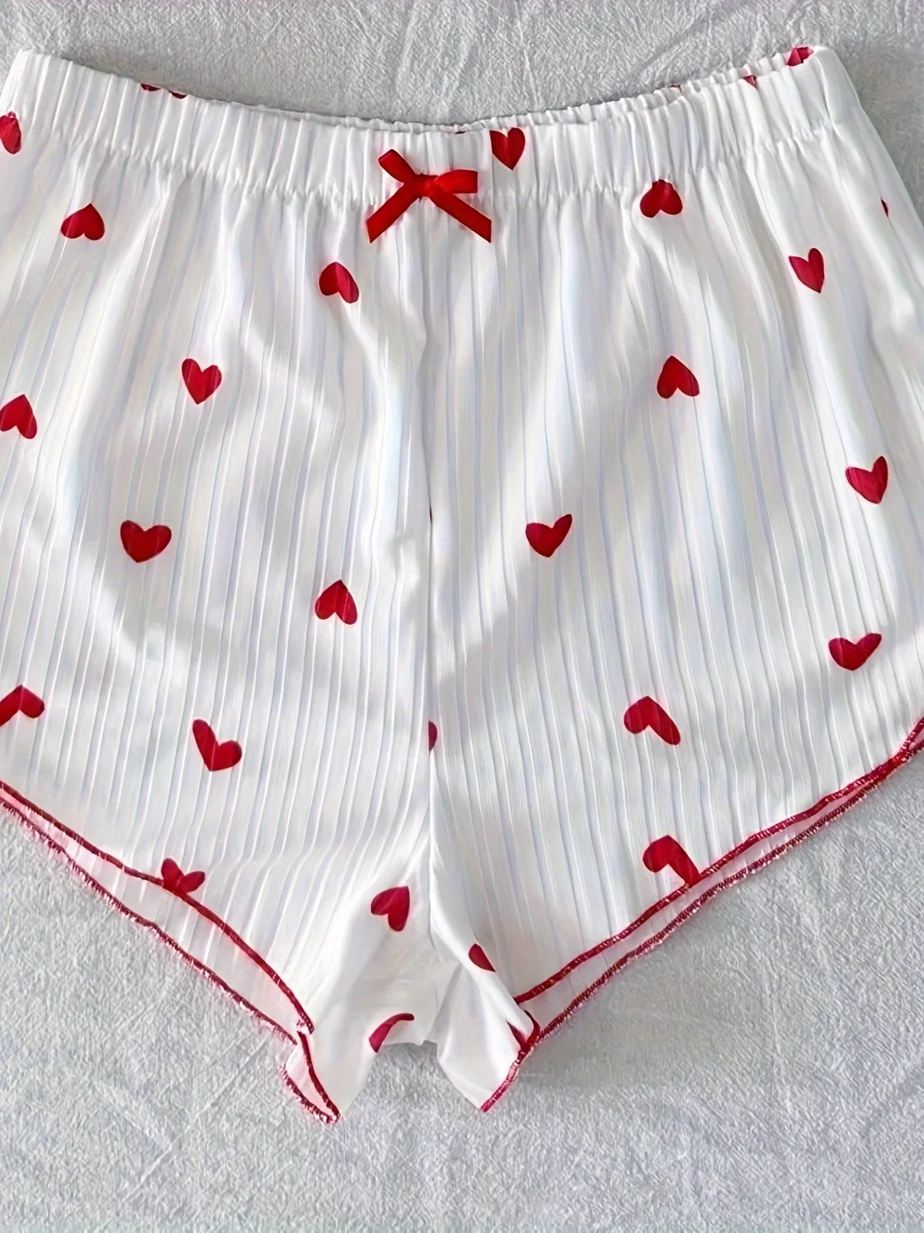 Summer Heart Print Ribbed Bow Decor Pajama Set
