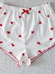 Summer Heart Print Ribbed Bow Decor Pajama Set