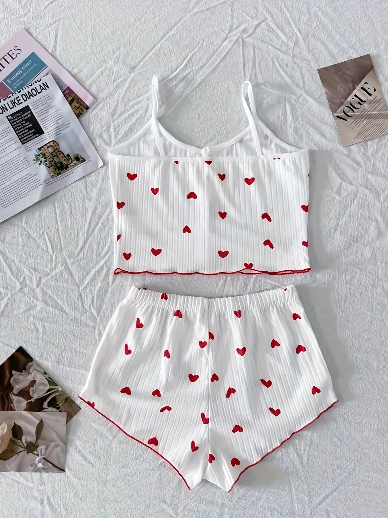 Summer Heart Print Ribbed Bow Decor Pajama Set