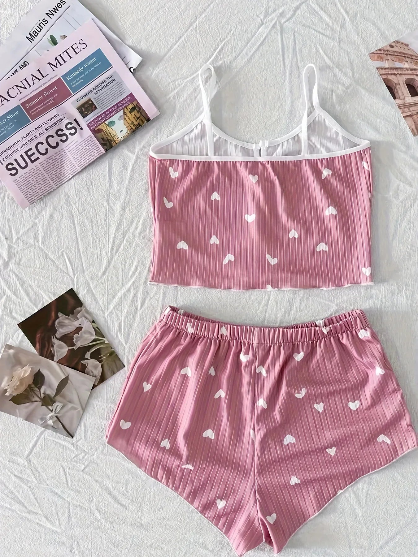 Summer Heart Print Ribbed Bow Decor Pajama Set