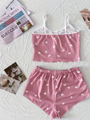 Summer Heart Print Ribbed Bow Decor Pajama Set
